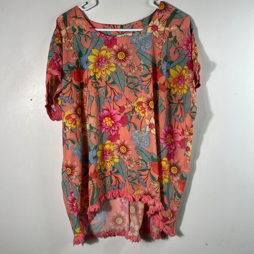 Umgee USA Floral Fringe High-Low Blouse Coral Pink Boho Short Sleeve Top Small